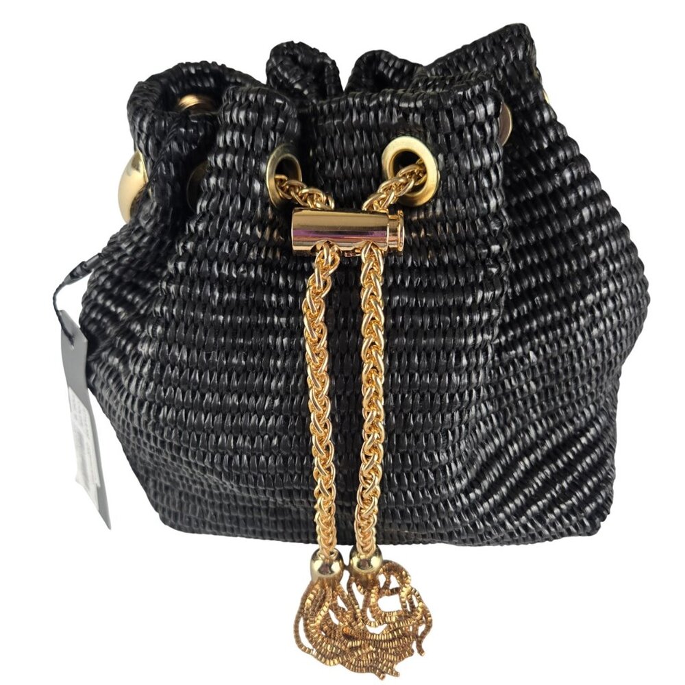 Liliana Raffino Bucket Drawstring Bag Black Mesh Gold Hardware Crossbody